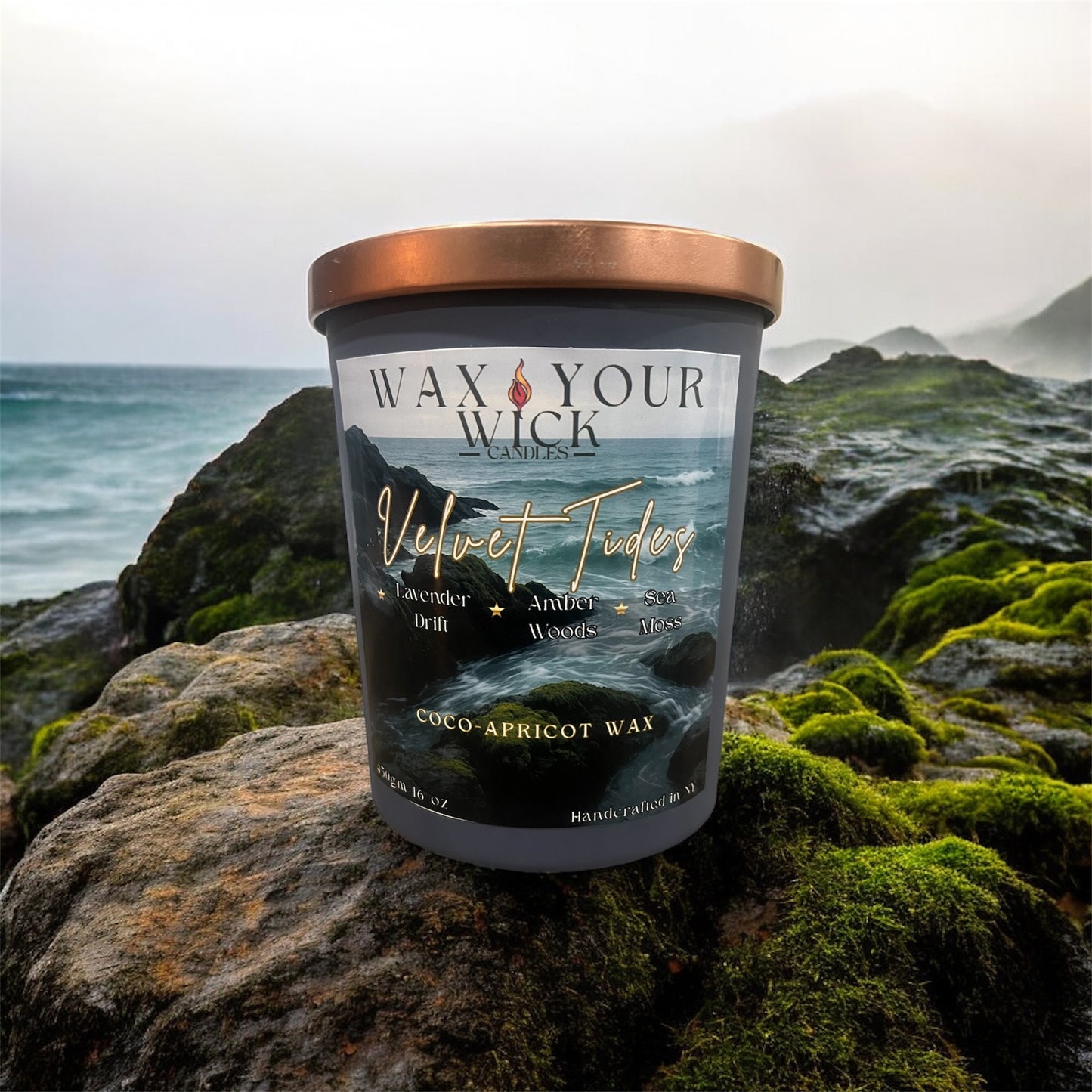 Velvet Tides Candle – Lavender Drift, Amber Woods & Sea Moss